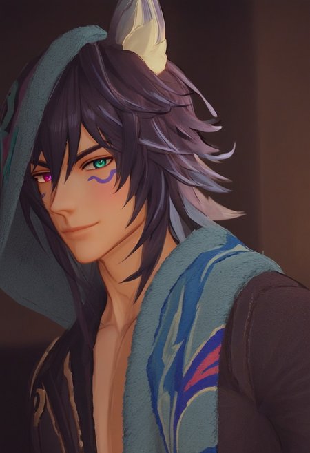 1boy, solo, male focus, animal ears, animal ear fluff, fox ears, ororon_(genshin_impact), black hair, spiky hair, messy hair, purple tint hair, green highlight, multicolored hair, wolf cut hair, hair between eyes, bangs, tan skin, Heterochromia, one green eye, one purple eye, facial marks, facial tattoo, fox boy, slim face, detailed eyes, satisfaction, satisfied, neutral, detailed face, slim face, (smile:1.3)
dark theme, intense shadow, intimidating, chest close to viewer, dark light, no light, dark out, shadow, 
casual clothes, sweaty hair, long sleeves, looking at viewer, from side view,
sweating, sweat, steaming, heavy breathing, front view, seductive, romantic, in a sofa, towel on shoulder, (lounging:1.1), relax
rating PG, score_9,score_8_up,score_7_up, source_anime, male focus, manly, tall, detailed eyebrow, sharp eyebrows, focus on thigh, thigh focus, random view, (3D, realistic, hyper resolution, hyper quality:1.2)