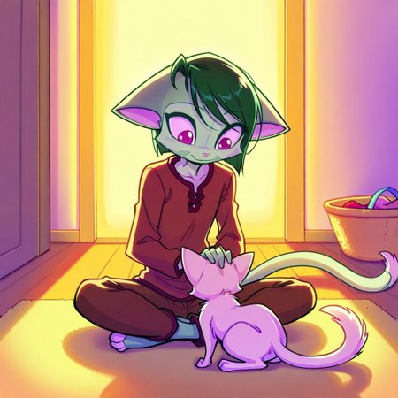 score_9, score_8_up, score_7_up,lilith_calah,
1girl,solo,furry,tail,dark green hair, source_furry, masterpiece, 
 ,<lora:lilith_calah_illustrious:0.8>,
kid, child, 
cat, petting, sitting_on_floor, casual_clothing, indoors, short_hair, gentle_smile, fluffy, warm_lighting, soft_focus, peaceful_expression, cozy,