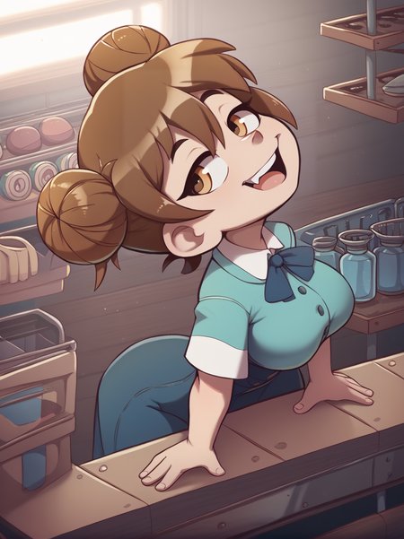 score_9, score_8_up, score_7_up, score_6_up, score_5_up, score_4_up, cartoon, 
1girl, (shaft head tilt), <lora:shaft_head_tilt-PD-1.0:1.1>
double hair bun, brown hair, large breasts, shortstack, brown eyes, sidelocks, hair hair between eyes, 
shopfront, shelves, open mouth, smug