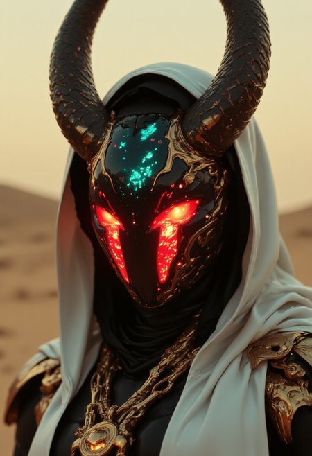A apoclypse surreal cyberpunk setting under a gritty bleaked beige and red-golden misty desert sunset, a Closeup Portrait of an eerie horned hkgod sci-fi shinobi nun-scout with billowing octopus backpack in a sandstorm, their holographic crystalline mask glinting like shattered rainbows. Iridescent black amber teal energy veins pulse across their form. The atmosphere is thick with heat distortion, glowing particles floating in the air. dark atmospheric lighting, white cybernetic armor. Wielding a massive sss great sword with intricate translucent engravings, starwars character