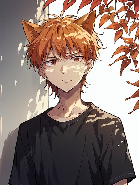 score_9, score_8_up, score_7_up, score_6_up, score_5_up,   <lora:dappledlightXLP:1> dappled light, dappled sunlight,    <lora:KyoSohmaXLP:1> kyo sohma, 1boy, solo, orange hair, brown eyes, black shirt, cat ears