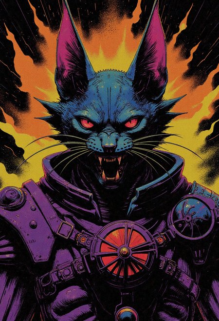 A mesmerizing digital painting captures the eerie, haunting beauty of a close-up view of an Info Dealerbeastmaster's fearsome Gajalaka Palico face. The subject is surrounded by intricate details that showcase his unique riot shield emblem adorning his armor, as well as every groove and texture in the creature's leathery skin, sharp teeth, beady eyes, and sinewy muscles accentuated by his intimidating riot shield. This modern dark fantasy artwork masterfully captures the unsettling yet intriguing allure of this cat-like creature from the world of Monster Hunter. The artist uses bold colors, heavy brushstrokes, intricate linework, and expert use of light and shadow to create an atmosphere of foreboding tension, showcasing the formidable Gajalaka in its macabre glory within the realm of modern dark fantasy art., <lora:test2-000013-nistyle:0.5> Nistyle,<lora:Reticulating_Noise_Gradient_Flux:0.3> Reticulating Noise Gradient, noisy, grain-shaded gradient, vibrant neon fluorescent hues, grainy, pixelated texture, filter-enhanced, stylized image, monochromatic color scheme, neon fluorescent theme,<lora:Wiz-Arcana-Spectral_Glow:0.35> spectral glow, chromatic grain, motion blur, diffuse silhouette, light leak effect, prism effect, inverted negative film, ethereal, <lora:DND_GRAINYBOYZ_FG_FLUX_V2_ROMULUS_Lora:0.35><lora:DND_COLORBOYZ_FG_FLUX_REMUS_Lora:0.25> DNdGr41nyB0yz style, <lora:ck-greasepencil-000018:0.5> high quality fine line concept art drawing in the style of ckgp