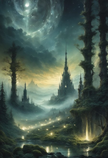 (((Horror Landscape))), Evanescent, Efflorescence, Mellifluous, Effervescent, Mellifluous, Nocturnal, Serendipity, Sonorous, Ineffable, Quixotic, Resplendent, Petrichor, Ephemeral, Luminous, Nebulous in Brooding landscapes, epic scale, German myth, layered symbolic density