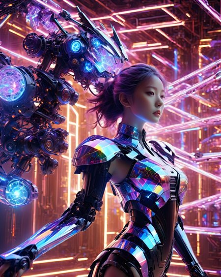 high quality exquisite wallpaper,<lora:xl-holographic-å¨æ¯V20:0.8>,(holographic:1.7),holographic metal,holographic fabric,1girl,(metal exquisite mechanical structure:1.5),wearing white Hanfu andblack mecha,The girl was surrounded by magic arrays,solo,mecha musume,Gundam,blue_eyes,standing,glowing,cinematic lighting,strong contrast,1 beautiful young chinese woman,mature and exquisitefacial features,sharp eyes,special effects.Perspective View,3D rendering,RealisticDetails,Detailed Depiction,photon force field,purple and blue glowing neon lights,wide_shot,robot girl,magic array,Surrounded by holographic ribbons throughoutfluorescent,ukl,<lora:xl0917ukl-v12:0.44>,magic circle,a blue neon light that is on a wall in a room with a clock on it and a building in the background,roman numeral,no humans,glow,blue theme,intricate glowing lace,(Multiple magic arrays:1.5),
