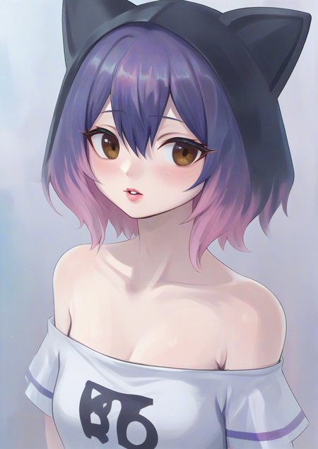 1girl, furry female, bare shoulders, brown eyes, clothing cutout, collarbone, eyelashes, gradient hair, hair between eyes, hood, hood down, medium hair, multicolored hair, parted lips, pink lips, purple hair, shoulder cutout, solo, upper body,zPDXL3  <lora:ama_mochiãã¾ãã¡:1>