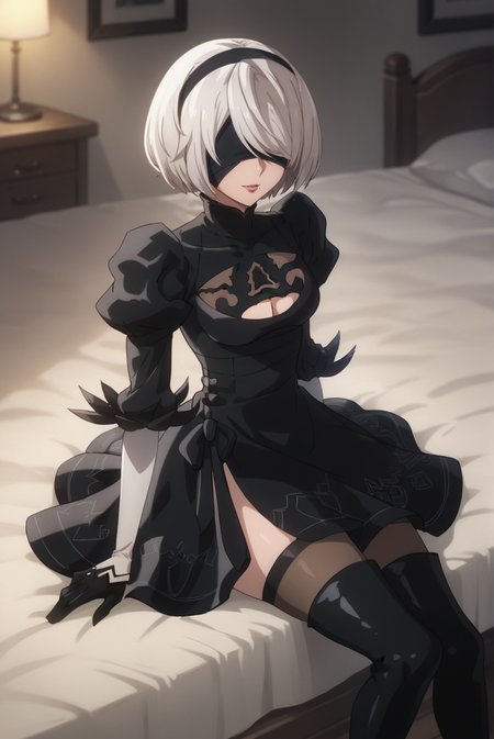 score_9, score_8_up, score_7_up, score_6_up, score_5_up, score_4_up, BREAK source_anime, 1girl, solo,
<lora:2BXL-v2-07:0.8>, Chopio2B, short hair, white hair, bob cut, black hairband, mole under mouth, blindfold, covered eyes, looking at viewer,
medium breasts, pink lips,
outfit_1, black dress, cleavage cutout, juliet sleeves, feather-trimmed sleeves, layered sleeves, black gloves, black stockings, black footwear, thigh boots, high heel boots,
bedroom, bed, seductive smile, parted lips, sitting, arm support,