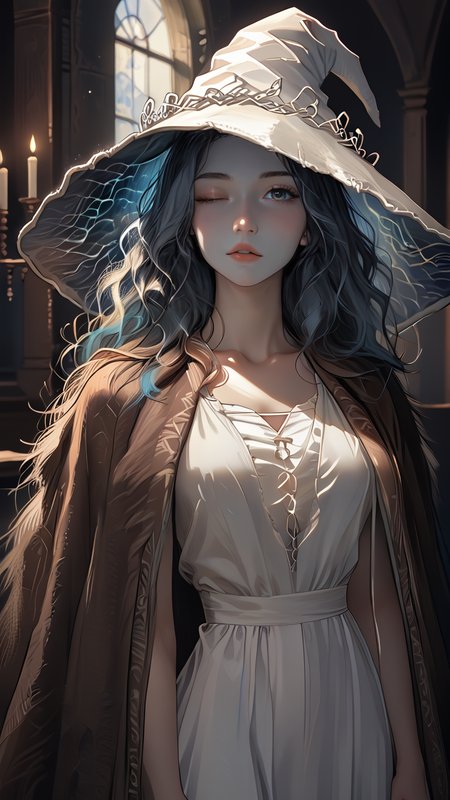<lora:incase_style_v3-1_ponyxl_ilff:0.5> <lora:add-detail-xl:0.5> <lora:ncpy13 style_a:0.5> <lora:S1_Dramatic_Lighting_v2:0.5> <lora:Watercolor Anime Style LoRA_Pony XL v6:0.5>,detailed_background,indoors,white dress,long hair,blue lips,dress,witch,cracked skin,colored skin,looking at viewer,extra faces,hat,brown cloak,solo,cloak,elden ring,witch hat,white hat,fur cloak,lips,blue eyes,one eye closed,parted lips,highres,absurdres,ranni the witch,blue hair,1girl,blue skin,vergil mon