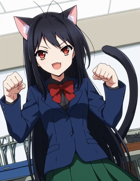 score_9, score_8_up, score_7_up, source_anime, <lora:accelworld-kuroyukihime-s1-ponyxl-lora-nochekaiser:1>, kuroyukihime, long hair, black hair, red eyes, antenna hair,, skirt, bow, brown eyes, school uniform, jacket, blazer, red bowtie, blue blazer, green skirt, pleated skirt, workshop, tools, workbench, projects, machinery, smile, <lora:paw-pose-ponyxl-lora-nochekaiser:1>, paw pose, cat ears, cat tail, animal ears, tail, cat girl, open mouth, fang, whiskers,, looking at viewer, solo,, dutch angle, cowboy shot