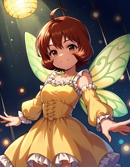 score_9,score_8_up,score_7_up,1girl,solo,cowboy shot,looking at viewer,smile,closed mouth,stage lights,
<lora:uedasuzuho_ponyXLV6:0.8>,cgus,
red hair + brown hair,short hair,ahoge,brown eyes,
yellow dress,detached sleeves,frills,fairy wings