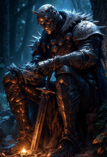 a knight with his sword, detailed armor, intricate sword, detailed helmet, solo figure, dark fantasy, resting with his sword, dark souls, close up, (( text "dark souls 1" With distinctive and appropriate handwriting )), cinematic lighting, reflections, forest, colour reflect, game poster, text "dark souls 1", fantasy, night, Armor with wolf fur, Blur, colourful, 
Inscriptions on the armor, modern, man, on  knee, cyperpunk, imagination, campfire, ash
text"dark souls 1" centring the poster, upper body