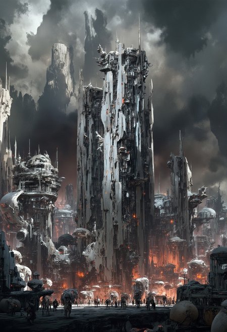 masterpiece, painterly, oil painting of a futuristic alien city, towers, skscrapers, domes, in white and chrome, surreal colours, mist, sunset, stormy sky, surreal clouds