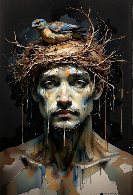 A deadly serious portrait of a turtleman with a birds nest on his head in an Expressionist_Painting_Style