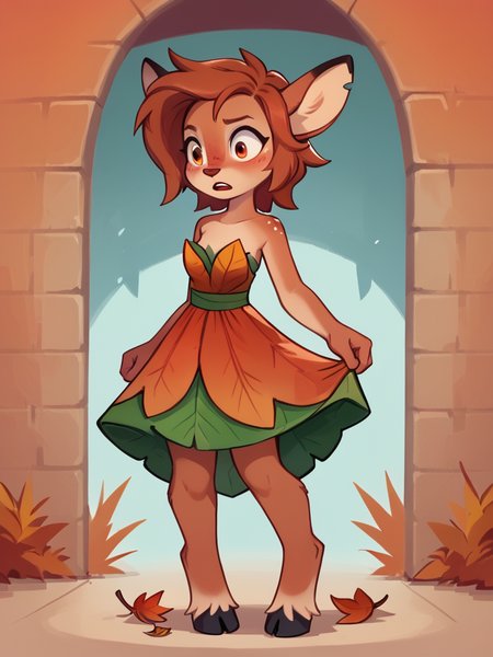 score_9, score_8_up, female, solo, full body, digital art, highly detailed, <lora:Elora_the_Fawn v3:0.75> etfawn, red and orange leaves, leaf dress, strapless dress, , small breasts, nip-slip, accidental exposure, <lora:CuteMixPDv4:1>