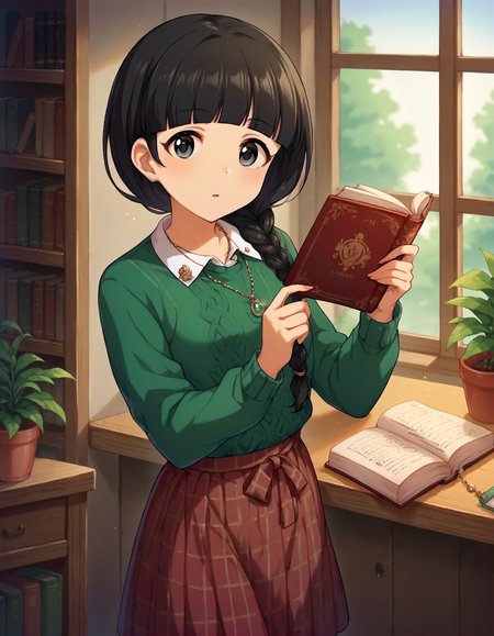score_9,score_8_up,score_7_up,1girl,solo,cowboy shot,looking at viewer,daze,open motuh,indoors,holding book,
<lora:ujiiemutsumi_ponyXLV6:0.8>,cgum,black hair,single braid,blunt bangs,grey eyes,
necklace,green collared sweater,red gingham skirt