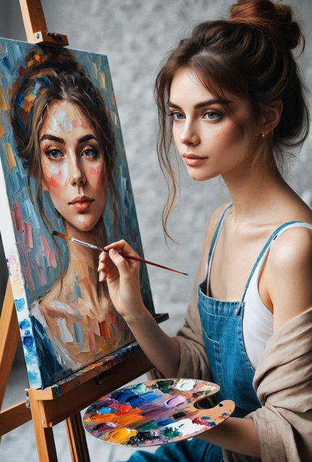 photo of a woman painting a impressionism style self-portrait, canvas, palette, 1girl, <lora:paintingselfportrait:0.7>