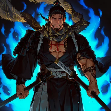 <lora:Zehn__Alchemist_Code-000002:.7>, tagatamezehn, zehn_black hair, zehn_kimono, 1boy, short black hair, slicked back, tied hair, scar across eye, scar on nose, scarf, beard, solo, male focus, manly, bara, mature male, muscle body, kimono, armor, tattoo on chest, cross tattoo, single arm tattoo, pants, zouri, tabi, runes, samurai,
cowboy shot, 
male focus, muscular male, muscular male, bara, mature, facial hair, beard, full beard, sideburn, mustache, stubble,), facial hair, bara, mature, body hair, aixiwuganda_(20222192), very awa, masterpiece, best quality, absurdres, newest, perfect quality, detailed background, intricate details,, <lora:slider_Body Type_alpha1.0_rank4_noxattn_last:2><lora:Anime Summer Days 2 Style SDXL_LoRA_Pony Diffusion V6 XL:.6><lora:merged:.7>, DARK, DARK BACKGROUND, LOW-KEY LIGHTING <lora:slider_cfg_scale_boost:.7><lora:Artist6p:.55>, Artist6p, Artist04p,<lora:slider_il_brightness_slider_d1:-1><lora:slider_il_contrast_slider_d1:-.45>,<lora:slider_contract_controller_illus01_v1:.5>, <lora:addon_illustriousXLv01_stabilizer_v1.121:.5>,<lora:slider_DarkSlider1.2_alpha1.0_rank16_full_300steps:-1>