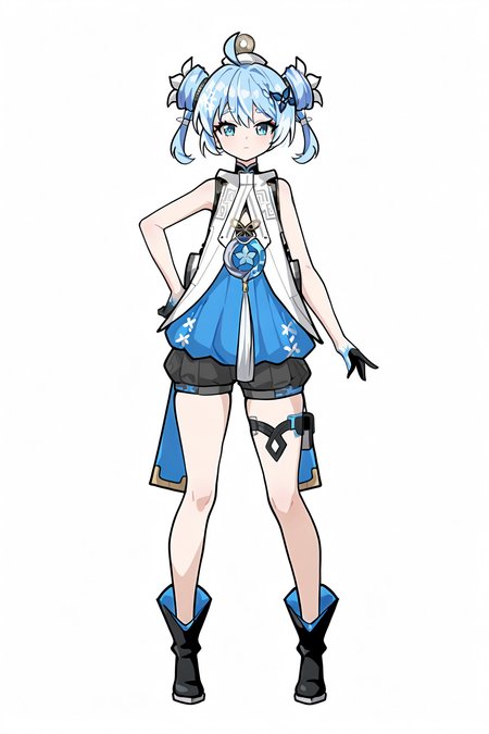 8k, best quality, masterpiece, (ultra-detailed), (high detailed skin), 
full body, full shot, standing, looking at viewer, (solo:1.2), simple background, white background, hand on own hip, 
<lora:youhu-noob-Tanger-000014:0.8>,youhu, def-youhu clothes, 1girl, solo, gloves, blue eyes, blue hair, black footwear, white background, full body, boots, looking at viewer, simple background, hair ornament, shorts, closed mouth, ahoge, bare shoulders, black gloves, sleeveless, bangs, standing, straight-on, outstretched arms, double bun,
A full-body portrait of a young girl, standing gracefully, pastel art style, high-key lighting, shoujo manga influence, hd quality, delicate details,