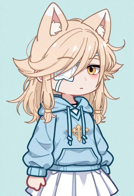 masterpiece ,best quality, amazing quality, Youma59Darkd, Youma59DarkdGacha, gacha, 1girl, blond hair, animal ears, eyepatch,  light blue hoodie, hoodie with drawstrings, white skirt