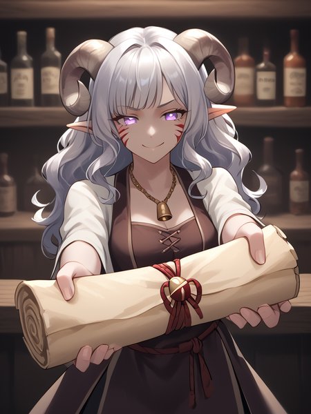 source_furry, score_7_up, rating_safe, cowboy shot, close up, source_anime,anime face,<lora:whisker_markings:0.8>red whisker_markings, silver long wavy hair, tavern, bell necklace, short pointy ears, purple eyes, <lora:age_slider_v4:0.6>
<lora:Tieflingnew weird fantasyDND:0.3><lora:Smooth Style 2 SDXL_LoRA_Pony Diffusion V6 XL:0.3> smile, open eyes, 
<lora:Test_Diana:0.8> tiefling_bard_diana, <lora:INKxXmo shaded face:0.8> Shaded Face:1.2,INKxXmo Dark Theme, 
 <lora:sealed_scroll:0.7> sealed_scroll:1.6, holding sealed_scroll, outstretched arms, standing, palm,