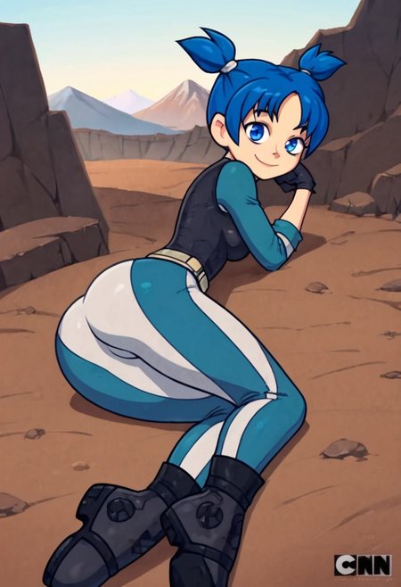 score_9, score_8_up, score_7_up, score_6_up, score_5_up, source anime, BREAK, realistic background, cliffs, mountains, smile,    <lora:vela:0.8> , vela, 1girl, solo, looking at viewer, blue hair, short hair, twintails, blue eyes, skirt, breasts,  gloves, boots,  lowered pants, laying, ass, back view, wants to be fucked, horny, <lora:villainchin_style_pony6_v2:0.8>