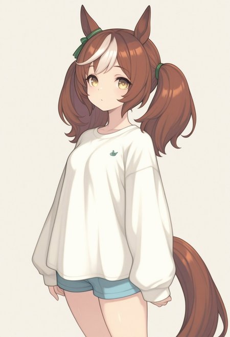 masterpiece, painting \(medium\), best quality, absurdres, newest, very aesthetic, amazing quality, highres,
BREAK, 
1girl, solo, animal ears, horse ears, horse girl, brown hair, long hair, horse tail, tail, multicolored hair, looking at viewer, shorts, long sleeves, simple background, twintails, shirt
BREAK,
 kemonomimi mode, HR-Illu
