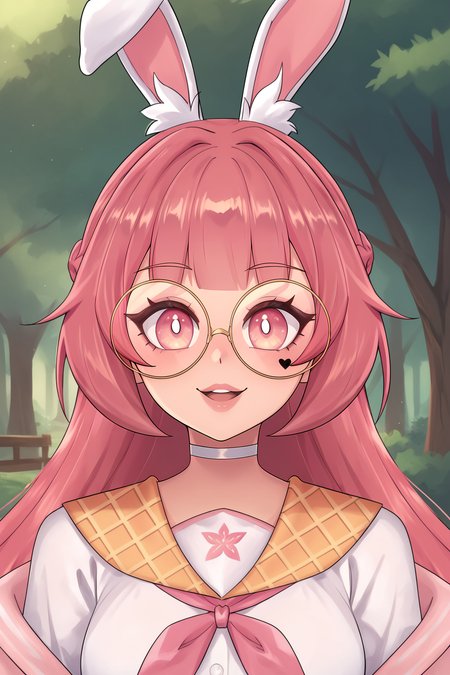 score_9, score_8_up, score_7_up, score_6_up, BREAK, MikuPinkuVTXL, round eyewear, pink eyes, pink hair, long hair, braid, bangs, white choker, glasses, white rabbit ears, animal ear fluff, medium breasts, pink jacket, open jacket, school uniform, pink sailor collar, long sleeves, white shirt, pink skirt, white thighhighs, pink shoes, solo, front view, (portrair, upper body), solo focus, seductive smile, looking at viewer, forest <lora:MikuPinkuVTXL:0.9>