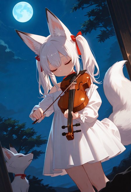 masterpiece, score_9, score_8_up, score_7_up, EasyNegative_v2, 
(best quality:1.1),ultra-detailed, high resolution, super detailed skin, beautiful detailed eyes, Brightly Lit, Highly Visible, 8k, sharp focus, beautiful, perfect lighting, beautiful eyes, anatomically correct, anatomically correct face, extremely detailed eyes, smooth edges, beautiful face, symmetrical eyes, symmetrical face, 
(standing:1.3), (playing the violin:1.5), (look down, closed eyes:1.5), 
1girl, cute girl, (white hair, long hair, twintails, hair ribbon:1.3), (fox ears, fox tail:1.5), (white dress, off-shoulder, ribbon choker:1.3), 
bright lighting, (night, full moon, blue moon:1.3), (solo focus:1.5), (dutch angle:1.5),