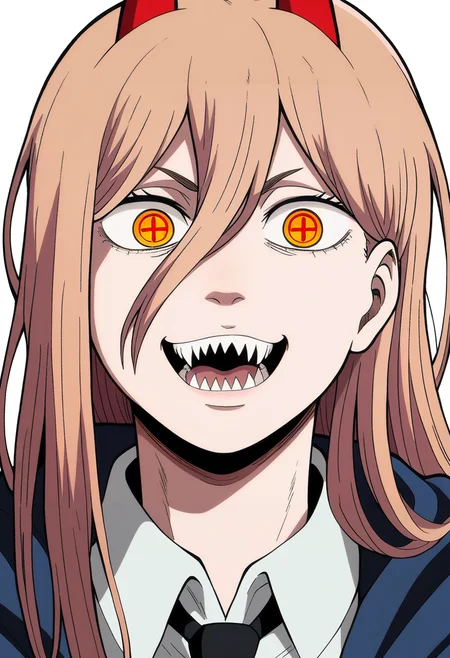 best quality, amazing quality, very aesthetic, absurdres,
1girl, power \(chainsaw man\), pink hair, blonde hair, red horns, red eyes, cross-shaped pupils, long hair, sharp teeth, hair between eyes, symbol-shaped pupils,
collared shirt, black necktie, long sleeves,
looking at viewer, white shirt, open mouth,
simple background, white background, smile, upper body,  <lora:AttackOnTitanNoobLocon_byKonan:1>