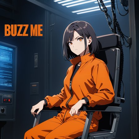 (sign that says "BUZZ ME"), 1girl, Woman in electric chair, looking at viewer,  <lora:perfect-eyes:0.8> perfecteyes, <lora:texta:.9>, text, logo, the word, orange jumpsuit, red button, (anime, masterpiece, intricate:1.3), (best quality, hires textures, high detail:1.2), (4k),(incredibly detailed:1.4),UHD, 8K, ultra detailed