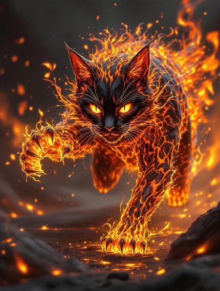 Create a hyper-realistic, anime-style image of a cat composed of churning magma, lava, and dancing flames. Depict in mid-pounce with right leg extended, claws outstretched (solidified black obsidian). Features: molten orange-yellow body with deep red lava tendrils, liquid glossy texture, subtle heat distortions, and a fierce face with bright, fiery yellow eyes (vertical pupils). Set against a deep, dark grey to black background with warm, golden lighting, intense fiery highlights, and subtle animated flames. Include dripping magma solidifying into glowing embers on the ground. Aim for cinematic still frame quality.