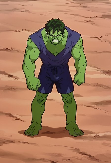 zPDXL3, score_9, score_8_up, score_7_up, score_6_up, score_5_up, source_anime, anime_screencap, source_cartoon, film grain, looking at viewer, fullbody shot, 1male, solo, hulk, outdoors, day, dbstyle, gritted teeth