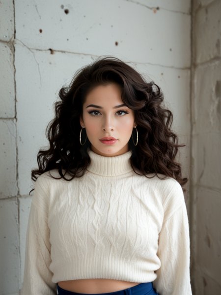 score_9, score_8_up, score_7_up, Al3x4Scout, Alexa Scout, <lora:Al3x4Scout-pony:1>, 1girl, solo, face focused, vintage photography,  makeup, lipstick, big lips, bobbed hair, dark hair, layered hair, photoshoot, aesthetic, sweater, shirt, solo, big hair, looking at viewer, studio lighting, focus, analog film, (ring light), film grain, best quality, photograph, focus, earring, couture, fashion, backdrop, ruins, 90s photograph