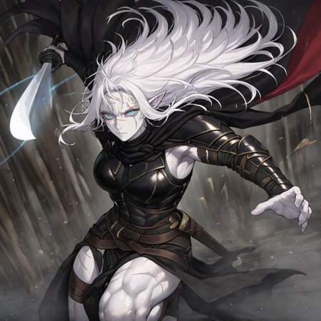 masterpiece, best quality, newest, absurdres, highres, 
INCSV1.0, incoming attack, holding sword, sword, holding weapon, holding, weapon,
1girl, pale, white skin, colored skin, pale skin, elf, pointy ears, muscular woman, armor, cape, leather armor, scar, scars on face, white hair, long hair, messy hair, black armor, black leather, blue eyes,

