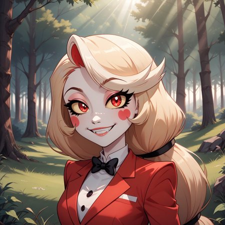 score_9, score_8, BREAK, solo, charlie from hazbin hotel, red eyes with yellow sclera, bleach white skin, rosey cheeks, golden hair, slender body, red business suit, sexy pose, self portrait, smile, outdoors, sunlight, shadows, evening lighting, natural lighting, forest, trees, grass, orange sky, sunset