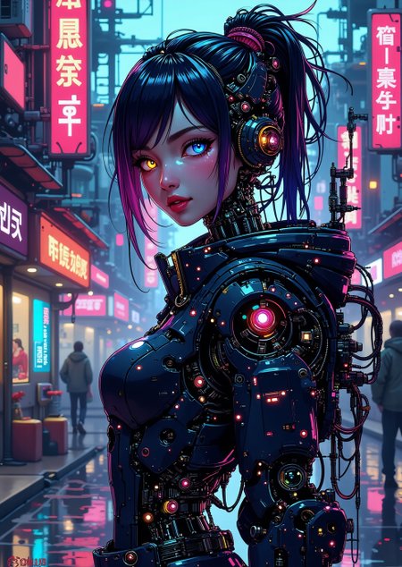 <lora:ck-nc-pastel-cyberpunk:1.1> A digital artwork in the style of cknc, A striking cyberpunk girl stands confidently in front of you, her smirk dripping with electric charm. One eye glows a vivid neon blue, while the other shimmers in a deep, fiery amber, creating a mesmerizing contrast that draws you in. Her sleek, iridescent hair—jet black with streaks of electric blue and fiery red—catches the light from the neon signs around her, casting an otherworldly glow across her sharp features. She’s dressed in a fitted, high-tech bodysuit that hugs her every curve, its material reflecting the neon lights of the futuristic cityscape behind her. Her mechanical arm extends slightly, fingertips crackling with energy as holographic data orbits around her. The background blurs into a city drenched in rain and neon, the distant hum of hovering vehicles and the buzz of electricity filling the air. Her blue eye narrows with confidence, while the amber one flickers, drawing you deeper into her world, a digital vortex forming around you, pulling you into the heart of a neon-soaked cyber-fantasy.
