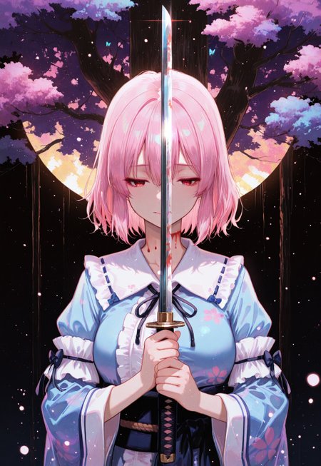 safe_pos, masterpiece, best quality, very aesthetic, absurdres,
saigyouji yuyuko, 1girl, solo, red eyes, pink hair, short hair, medium large breasts, younger,
simple blue kimono, long sleeves, wide sleeves, sash, ribbon, upper body,
katana, (detailed katana:1.2), holding a (very long:1.2) katana, katana edge in front of own neck, bleeding neck, (suicide:1.5),
correct fingers, dynamic pose, smile, beautiful eyes, detailed eyes, no expression, (sorrow:1.2), (grief:1.2), emotionless, lipbite, serious, wide-open eyes
outdoor, very dark background,
tree focus,
under a dead tree with (giant huge:1.5) trunk,  trunk wrapped with a shimenawa rope,
blue butterfly, floating cherry blossom in air,
pastel colors, gradient color, soft fill light, (ambient light), (dynamic light), vivid colors, high contrast, 
raytracing, volumetric lighting, (light particles:1.2), glowing particles, gradient color,
shiny, glitter,
tense atmosphere, lonely atmosphere, sad atmosphere,
atnr style,
((4k,8k,Ultra HD)),((Masterpiece :1.2)),((Best quality :1.2)),((Detailed :1.2)), ((Detailed eyes:1.2))