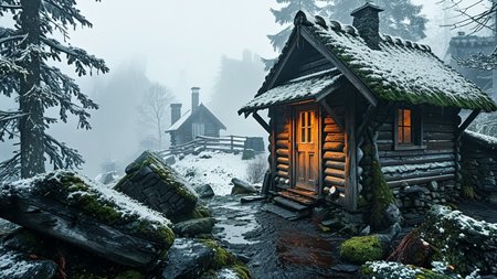 masterpiece,best quality,amazing quality,high resolution,ultra-detailed,absurdres,HDR,8K,high contrast,realistic,muted lithing,sharp focus,fine details,
A professional scenic photography of the view On a rustic safety hut perched on a craggy ridge above a valley of swirling fog where weathered logs and mossy shingles blend into the rocks. At winter afternoon snowfall, gentle flakes swirl around frosted windowsills, the hut vanishes into swirling white, and only the chimney marks life inside. ,