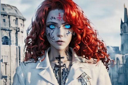 bright red hair, human female, (feminine:1.7), (beautiful face, detailed face:1.6), (beautiful eyes, detailed eyes:1.7), (looking at viewer, eye contact, intense:1.6), (long hair, red hair, curly hair:1.3), , ((masterpiece, best quality, high resolution, realistic, best quality,)), photo realistic, Perfect Face, (detailed face). <lora:GoodHands-vanilla:0.6> <lora:add-detail-xl:0.8>, mage, (Dress White military uniform coat), dagger, rune dagger, glowing runes, , (((glowing magic symbols tattoos, religious tattoos))), ((face tattoos)), glowing tattoos, stone tower in the background
