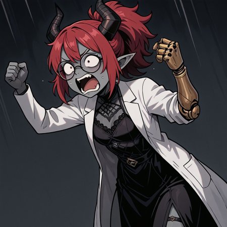 masterpiece, best quality, newest, absurdres, highres, 1girl, SOPHV2.0, demon girl, grey skin, colored skin, glasses, round eyewear, prosthetic arm, prosthesis, lab coat, dress, black dress, open coat, red hair, horns, black horns, screaming, open mouth,