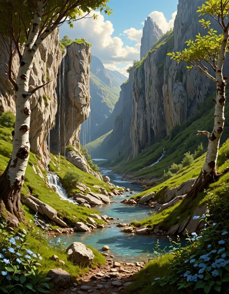 surreal landscape,creator landscape,stale of Jean-Baptiste-Camille Corot (silvery tones), Glacial valley with milky-blue streams, birch bark peeling scrolls, stone tidal fish trap,fieldfare flock in berry bushes.
 <lora:LCMTurboMix_DPM_SDE_Karras:0.7>,
<lora:Flux-style-xl-lora:0.7> flux-style,
<lora:extremely_detailed:0.7> extremely detailed,
<lora:WildcardX-XL-Detail-Enhancer:0.3>,
<lora:add-detail-xl:0.7>,
BeyondSDXLv3,
(8k,highly detail, cool colors, grand illumination, dynamic cinematic perfect background, stunning detail,absurd detail, high quality, masterpiece,aesthetic, illustration, perfect composition, intricate details, absurdres),