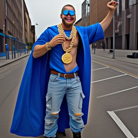 shoes, blue shirt, blue cape, chain necklace, smile, skateboard, jacket, night, sleeveless shirt, fire, boots, backpack, hands up, city, instrument, spray can, glasses, medal
