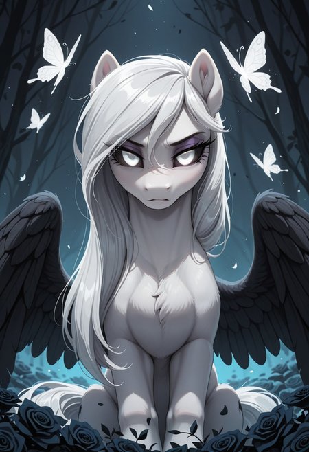 masterpiece, best quality, amazing quality, very aesthetic, absurdres, newest, BREAK Albina, 1girl, feral pony, pony, (white fur1.5), (white long hair:1.2), black sclera, white eye, (glowing white eyes:1.4), (black wings:1.1), (black ears:1.1),((eyes_in_darkness)), glowing eyes, slit eyes, little pony, friendship is magic, quadruped, roses flowers butterflies 
((outline)),background,
p0nuts, <lora:Ponut_Paradise:0.4>