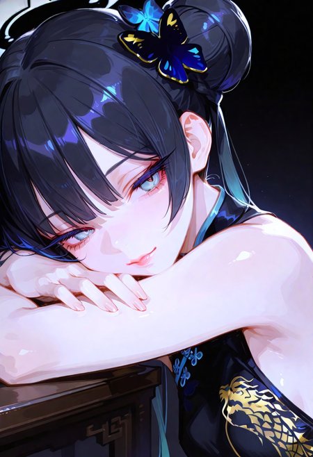 safe_pos, masterpiece, best quality, amazing quality, very aesthetic, absurdres, newest, holographic colors, cute, gradient colors, dark background, masterpiece, best quality, amazing quality, very aesthetic, volumetric lighting,uncensored, 
BREAK
nsfw, 
 ambient occlusion, intricate cinematic background, (beautiful face), 
BREAK
masterpiece, highly detailed,1girl, solo, (Ryuuge Kisaki  \(blue archive\):1.1), beautiful eyes, big eyes, detailed eyes, detailed pupils,   flat breasts,
(sexy, slutty, hot)
BREAK
flirting:1.5,
, uncensord, head rest on arm,black china dress,
(Sexy lips), 
, closed_mouth,  from_side, eyelashes,under lips,expressionless, portrait, close-up,  long_eyelashes, abstract