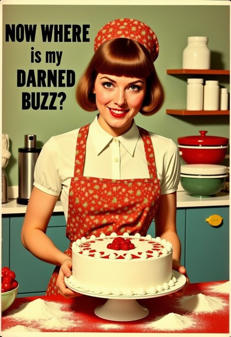 A retro housewife character baking a cake with a caption that  reads "Now Where is My Darned Buzz?" She is dressed in a bright, patterned apron and a vintage dress. She is surrounded by organized chaos, with flour, mixing bowls, and baking ingredients. It's a goofy, absent-minded feel and vibe. The scene is set in a kitschy, pastel-colored retro kitchen with cluttered countertops. The lighthearted scene is accentuated by bright and cheerful lighting, blending retro charm with goofy humor.