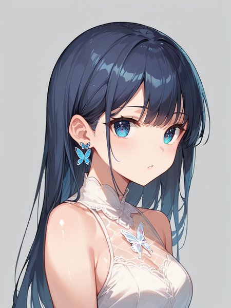 score_9, score_8_up, score_7_up,source_anime, high res image,masterpiece,best quality,girl,cute face,clear skin,shiny hair,ultra detailed eyes,simple background ,  <lora:butterfly ear piercing_pony_V1.0:1> butterfly ear piercing