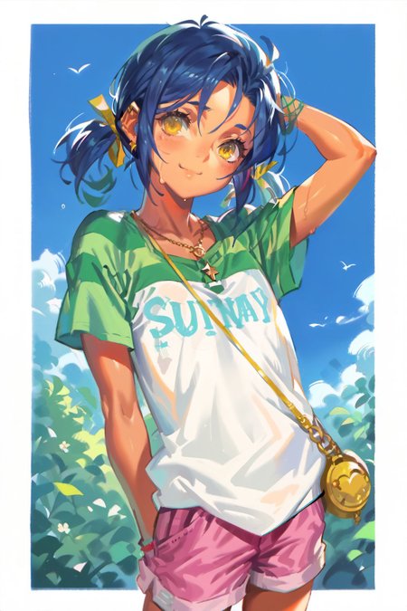 score_9, score_8_up, score_7_up, score_6_up, source_anime, alphonsestyle, line art,
<lora:sunohara-mei-xl:0.7> sunohara mei, green striped shoulder t-shirt, pink shorts,
 <lora:Anime Summer Days Style SDXL_LoRA_Pony Diffusion V6 XL:0.5>