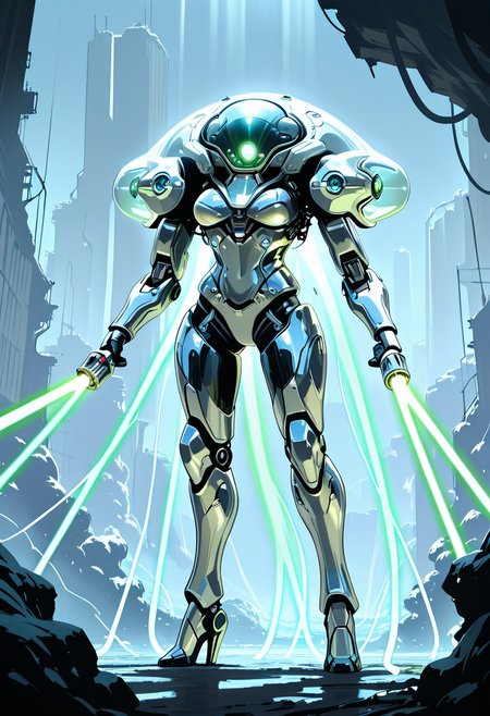 masterpiece, best quality, no humans,   ,<lora:TechJelly_IXL:0.7>,  TechJelly, glowing green eyes, metallic body, chrome surface, hovering tentacles, laser cannons, futuristic battlefield, high-tech ruins, battle stance, dynamic perspective, harsh lighting, tense atmosphere â Amidst the crumbled remnants of a futuristic battlefield, TechJelly hovers, its glowing green eyes scanning the horizon. The chrome surface of its mechanical body reflects the destruction around it, while hovering tentacles equipped with retractable laser cannons shimmer in the dim light. The harsh rays of a setting sun cast long shadows over the high-tech ruins, highlighting the creatureâs battle-ready stance. Every movement exudes a sense of cold, calculated precision, a perfect blend of machine and nature. The air is thick with tension, as if a storm is about to break, and TechJelly stands ready to strike.