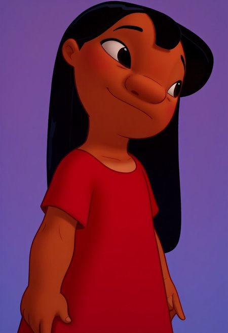 score_9, score_7_up, painting of 1girl, solo, lilo_pelekai, dark skin, black hair, long hair, black eyes, red dress, smile, shy:2, blue background, cute:2, gradient background, looking to the side,  ((score_9, score_8_up, score_7_up)), modern-style colour illustration, perfect & accurate lineart, lifelike art, film grain, dynamic pose