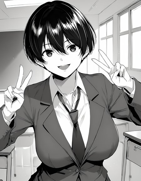 score_9, score_8_up, score_7_up, score_6_up, score_5_up, score_4_up, <lora:AoiY_T1V0:0.85>, <lora:sdxl_lightning_8step_lora:1>,
greyscale, monochrome, 1girl, solo, 
AoiY_T1V0, short hair, hair between eyes, large breasts, 
school uniform, blazer, collared shirt, loose necktie, 
hands up, double v, 
looking at viewer, smile, open mouth, :d, 
indoors, classroom, upper body,