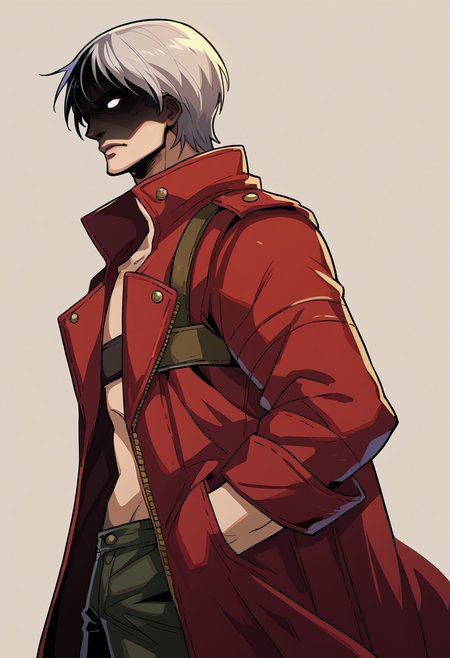 score_9, score_8_up, score_7_up, BREAK <lora:hades-guy-PONYv1:1>, shadow, portrait, 1boy, solo,  <lora:dmc3_dante_ponyXL:0.9> dmc3dante, red coat, bandeau, pants, from behind, shaded face, hand in pocket, from side, glowing,